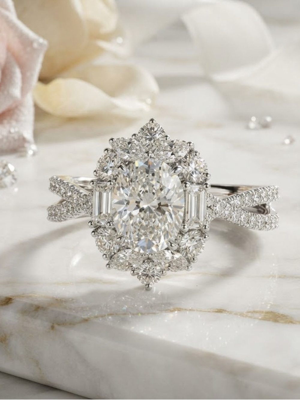 2 Carat Oval Halo Moissanite Engagement Ring in White